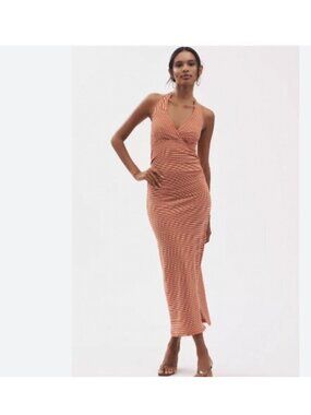 Anthropology Pilcro 90’s High Tide Striped Halter Slim Midi Dress Size L Textur